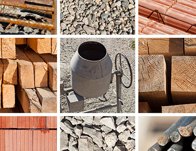 Basic construction materials collage with concrete mixer in center